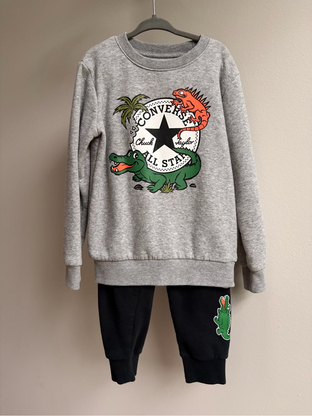 Converse Gray Kids Sweatshirt with Green and Orange Crocodile Graphic